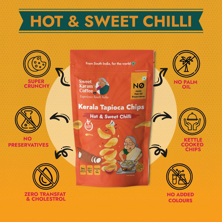 Kerala Tapioca (Kappa) Chips - Hot & Sweet Chilli  - Free Shipping Across India