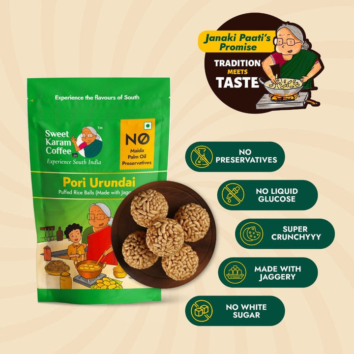 Puffed Rice Jaggery Balls (Pori Urundai) - Sweet Karam Coffee